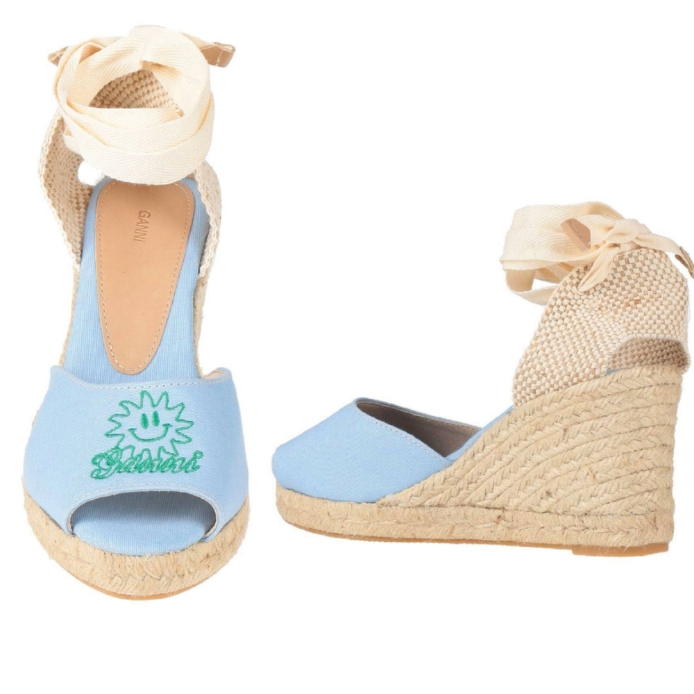 Ganni Canvas Open Toe Wedge Platform Lace Up Espadrilles Light Blue Cream - Picture 1 of 10